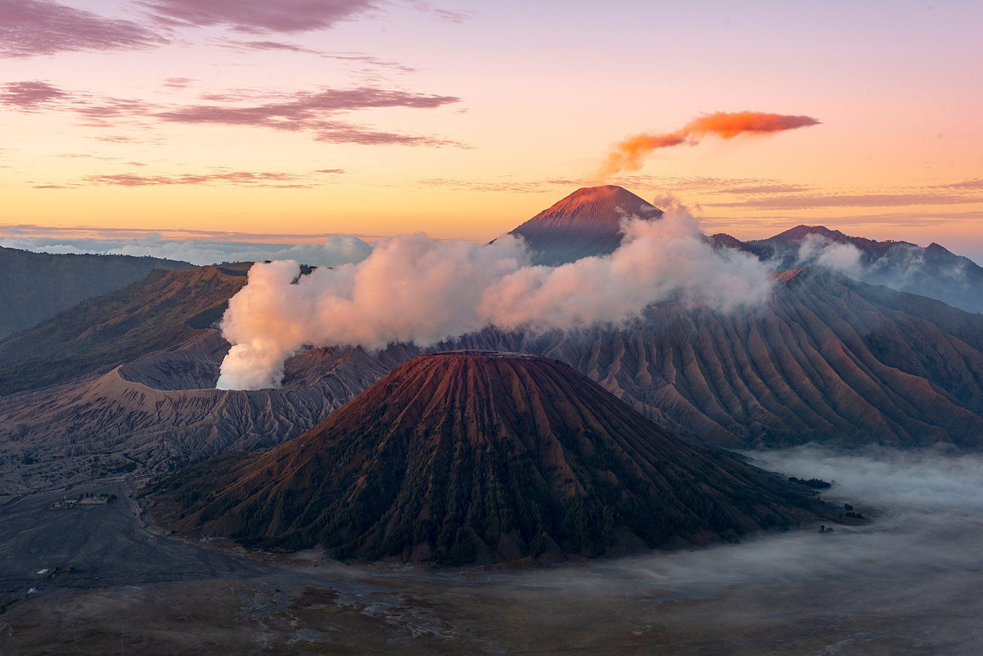 Landscape shot of three volcanoes at sunrise on the Indonesian island of Java.