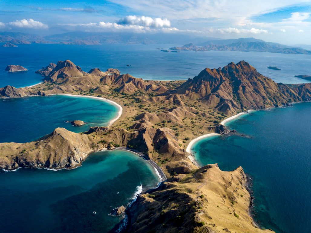Aerial photograph of the landscape of the Komodo Islands in Indonesia.