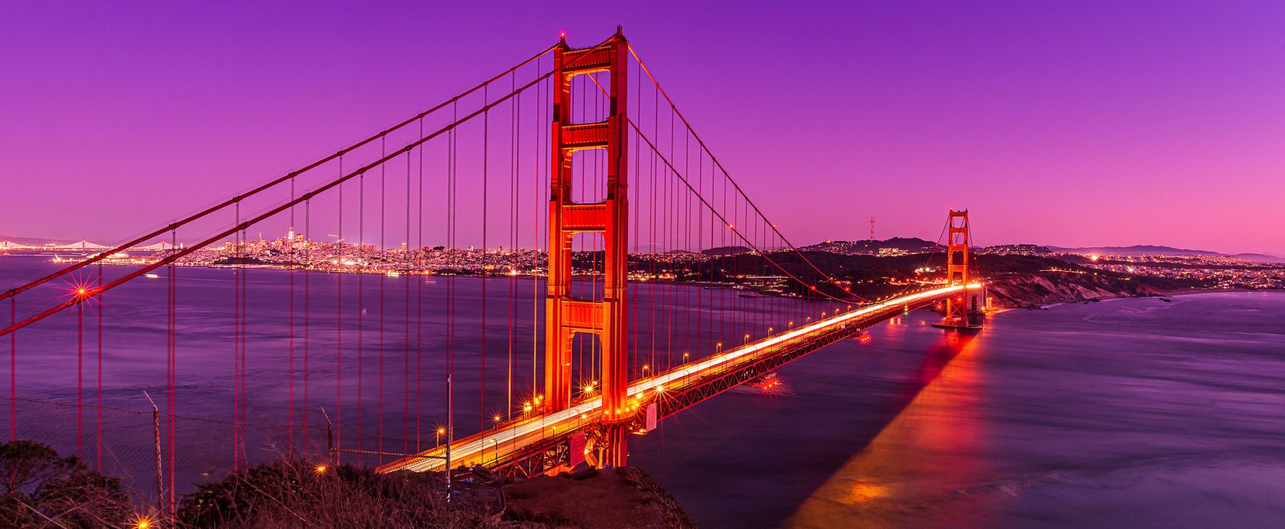 Night shot of the Golden Gate Bridge at sunset.