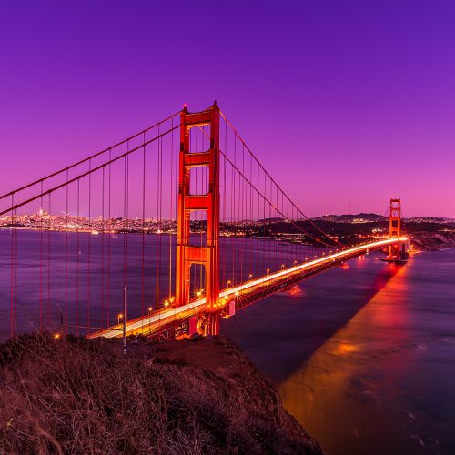 Night shot of the Golden Gate Bridge at sunset.