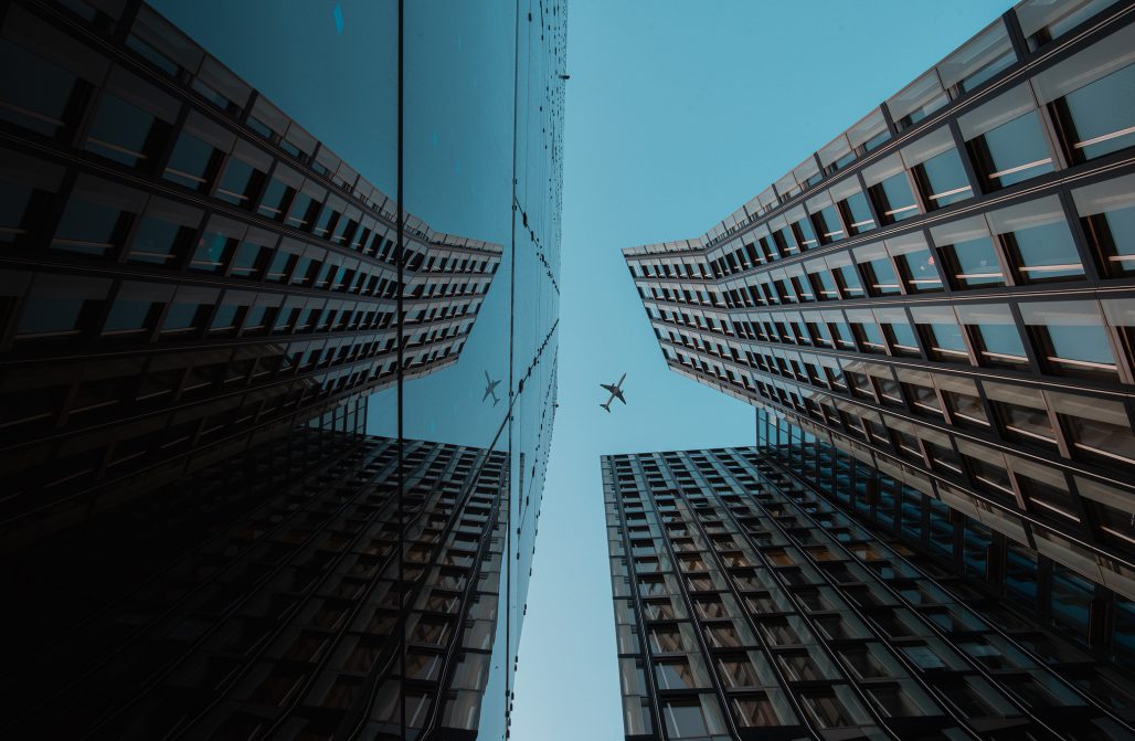 Architecture shot of the two high-rise buildings with reflection.