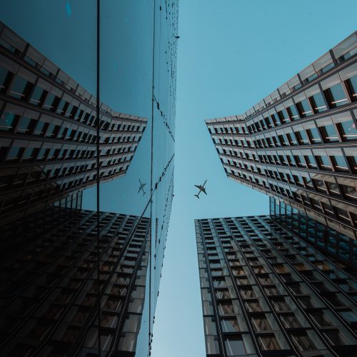 Architecture shot of the two high-rise buildings with reflection.