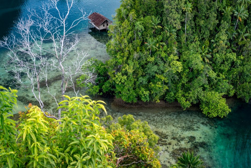 Landscape shot of a fisherman's hut in a tropical bay surrounded by jungle.