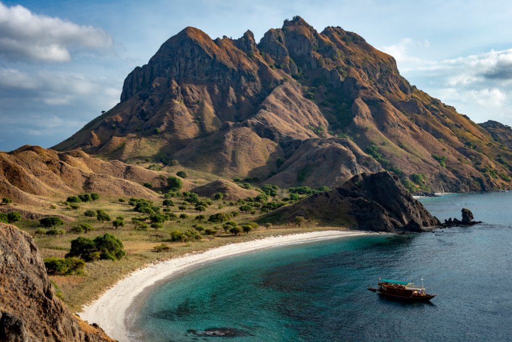 Aerial photograph of the landscape of the Komodo Islands in Indonesia.