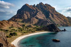 Aerial photograph of the landscape of the Komodo Islands in Indonesia.