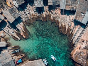 Aerial view of a fishing port.