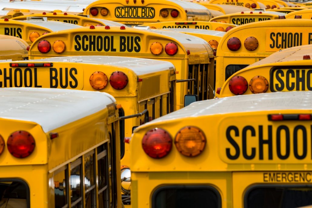 Urban close-up of many, yellow school buses.