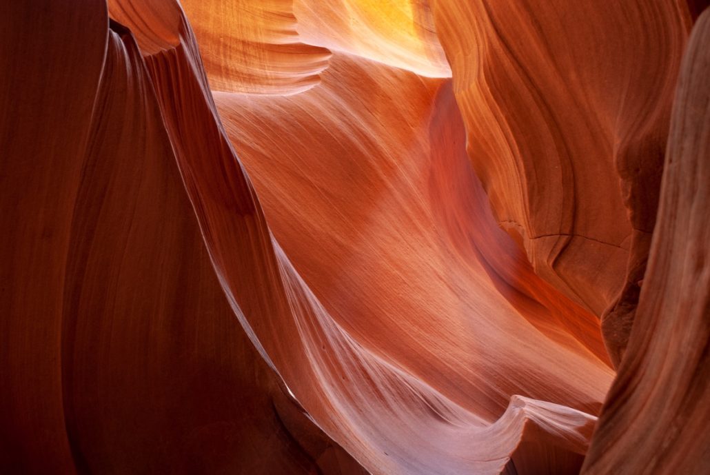 Landscape shot of a red sandstone crevice in Antelope Canyon.