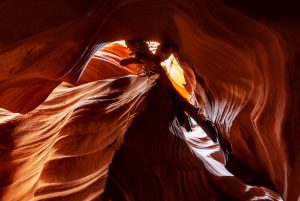 Landscape shot of a red sandstone crevice in Antelope Canyon.