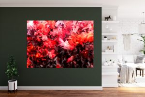 Photo of a living room with a painting of a shoal of goldfish.