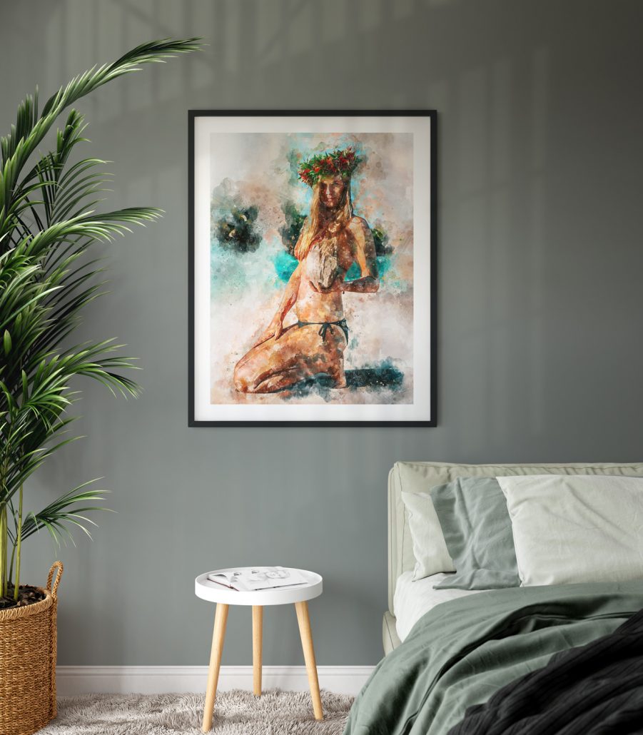 Photo of a bedroom with painting above the bed. Photo of a bedroom with painting above the bed.