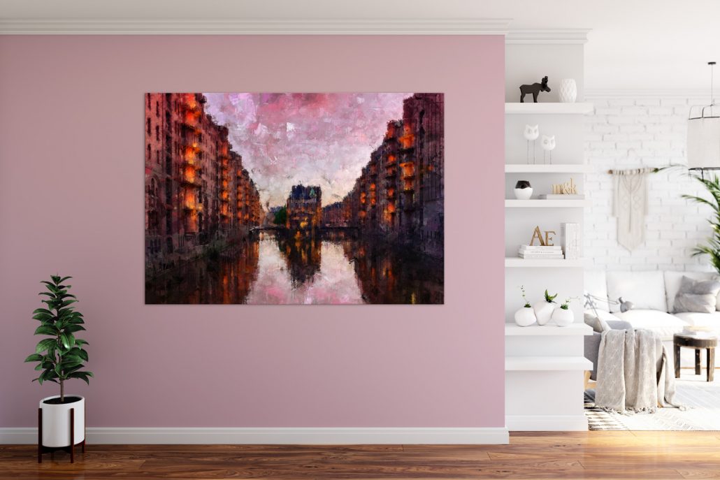 Photo of a living room with a painting of the hamburg fleet castle. Photo of a living room with a painting of the hamburg fleet castle.