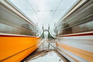 Urban photograph of two trams in front of the Liberty Bridge.