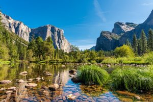 Landscape shot of a river in front of the mountains.