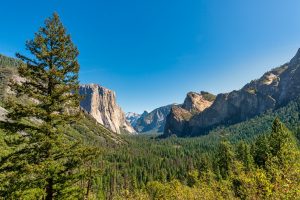 Landscape photograph of a wooded valley surrounded by mountains.