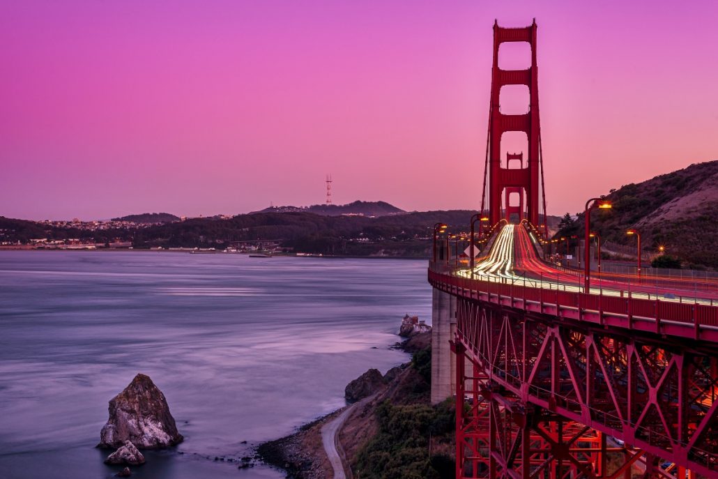 Night shot of the Golden Gate Bridge at sunset.