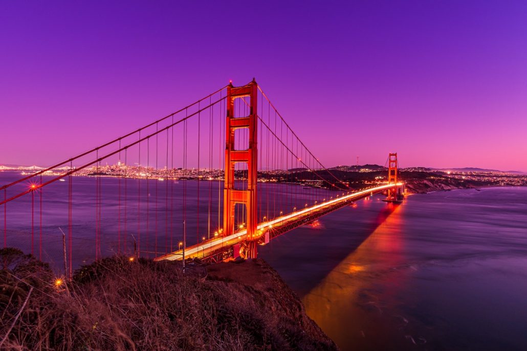 Night shot of the Golden Gate Bridge at sunset.