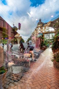 Urban shot of a reflection in a restaurant window.