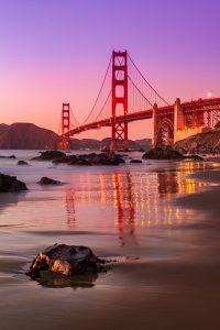 Night shot of the Golden Gate Bridge at sunset.