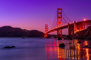 Night shot of the Golden Gate Bridge at sunset.