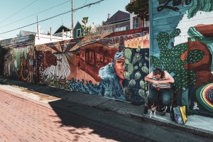 Portrait of a lady with her dog sitting on an assistant in front of the painted walls of Calle 24 Latino Cultural District.