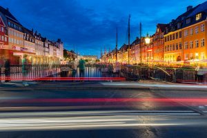 Night shot from a bridge of the urban port of copenhagen.