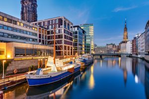 Night shot of boats in an urban fleet.