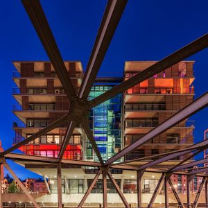 Night shot of a bridge construction in the Hamburg Speicherstadt.