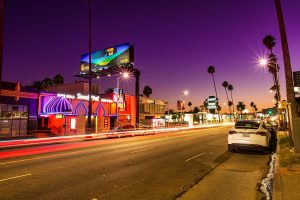 Night shot of a street in Los Angeles.