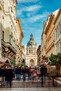 Urban shot of a Christmas market in front of St. Stephen's Basilica.