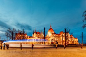 Architectural night reception of the Hungarian Parliament.
