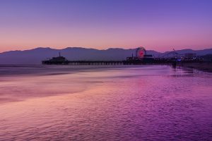 Night shot of the Santamonica Pier at sunset.