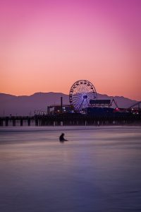 Night shot of the Santamonica Pier at sunset.