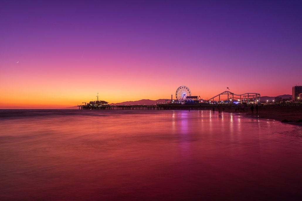 Night shot of the Santamonica Pier at sunset.