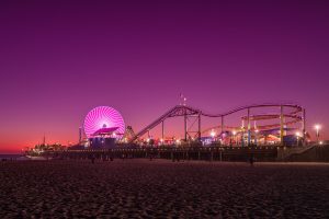 Night shot of the Santamonica Pier at sunset.
