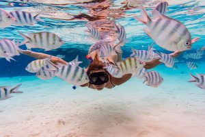 Underwater portrait of a woman in the middle of a shoal of fish.