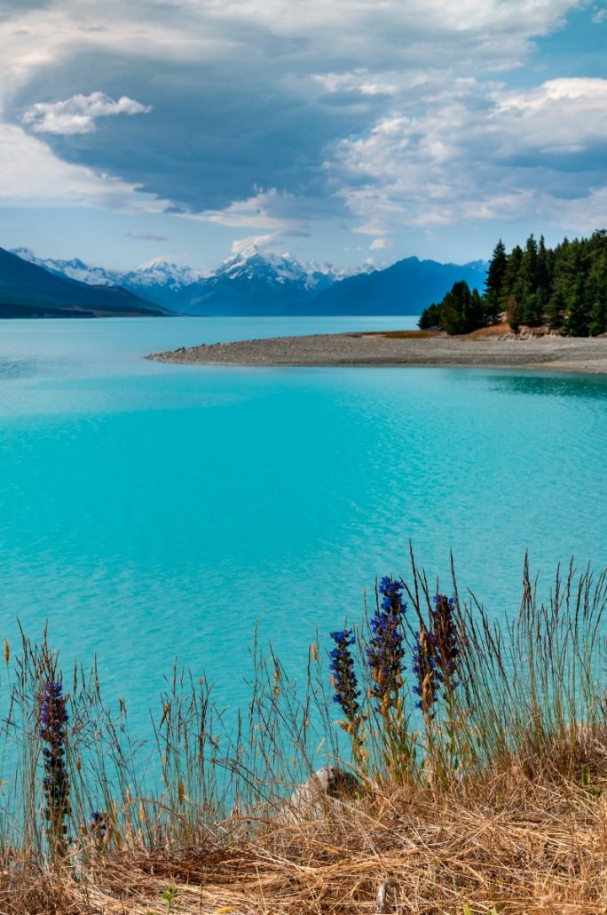 Landscape shot of a turquoise lake in front of snow-covered mountains.