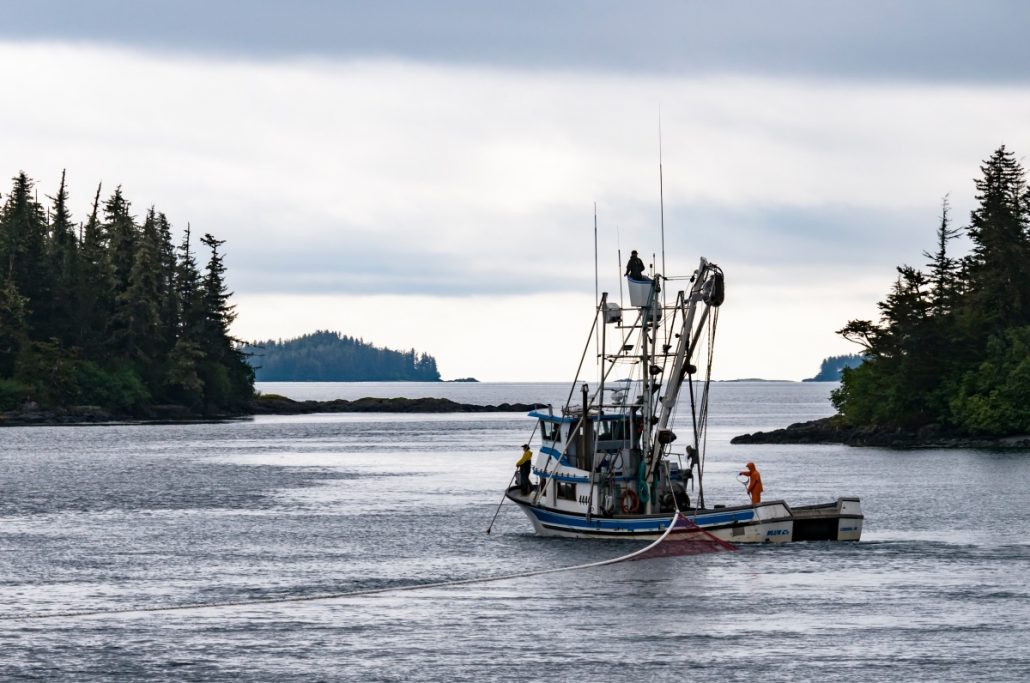 Landscape shot of a fishing boat off the coast of Alaska.
